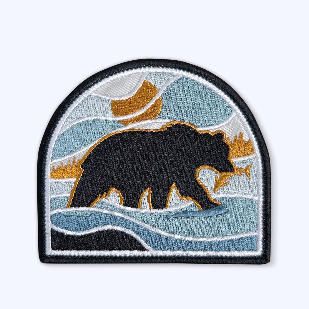 River Bear Sew On Patch: Black Bear Salmon Fishing in Stream