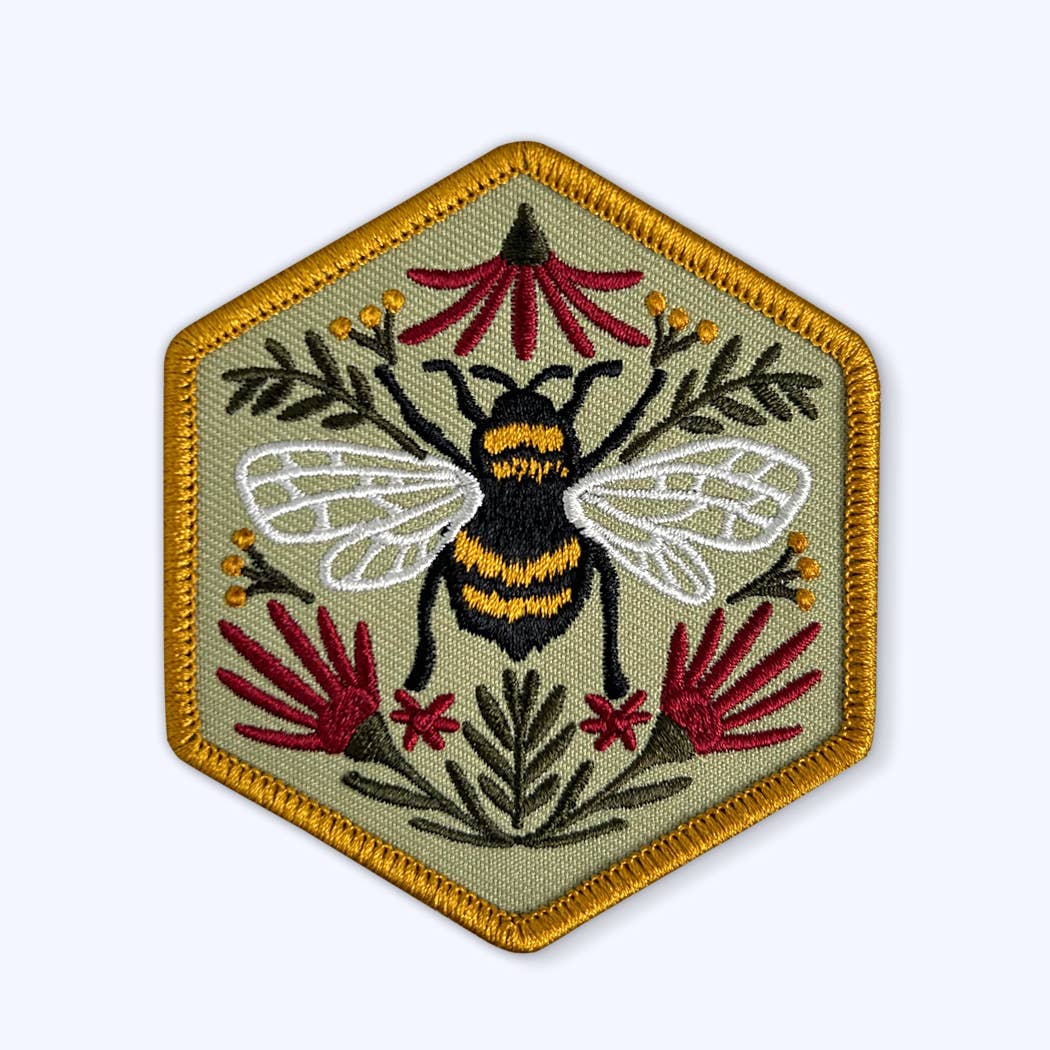 Honey Bee Hexagon Sew On Patch: Woodland Flower Blossoms