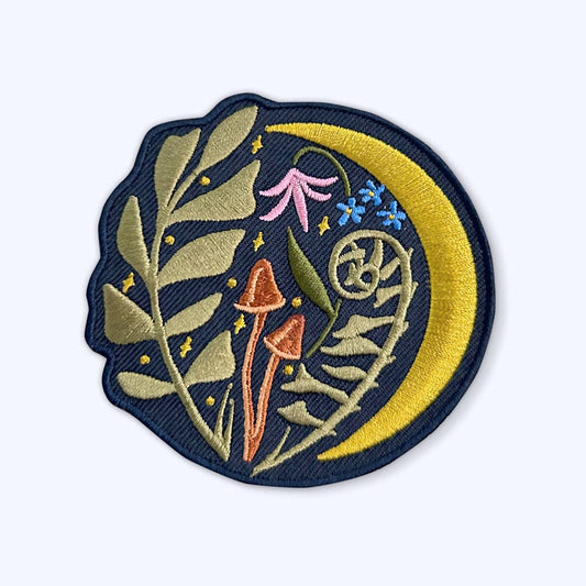Moon Glade Sew On Patch: Plants, Mushrooms, Starry Night Sky