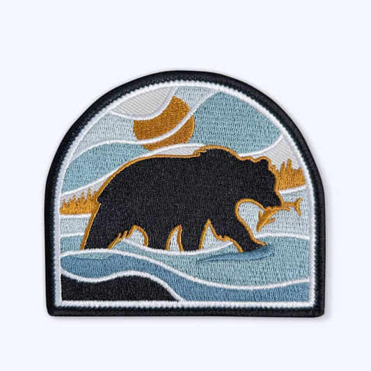 River Bear Sew On Patch: Black Bear Salmon Fishing in Stream