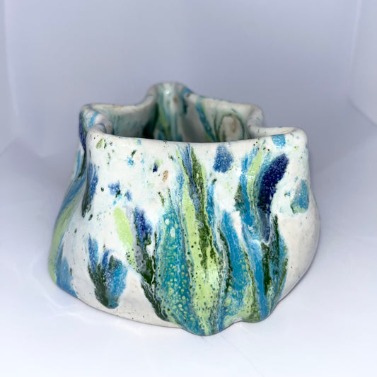 4" Pottery Wavy Bowl - White & Green
