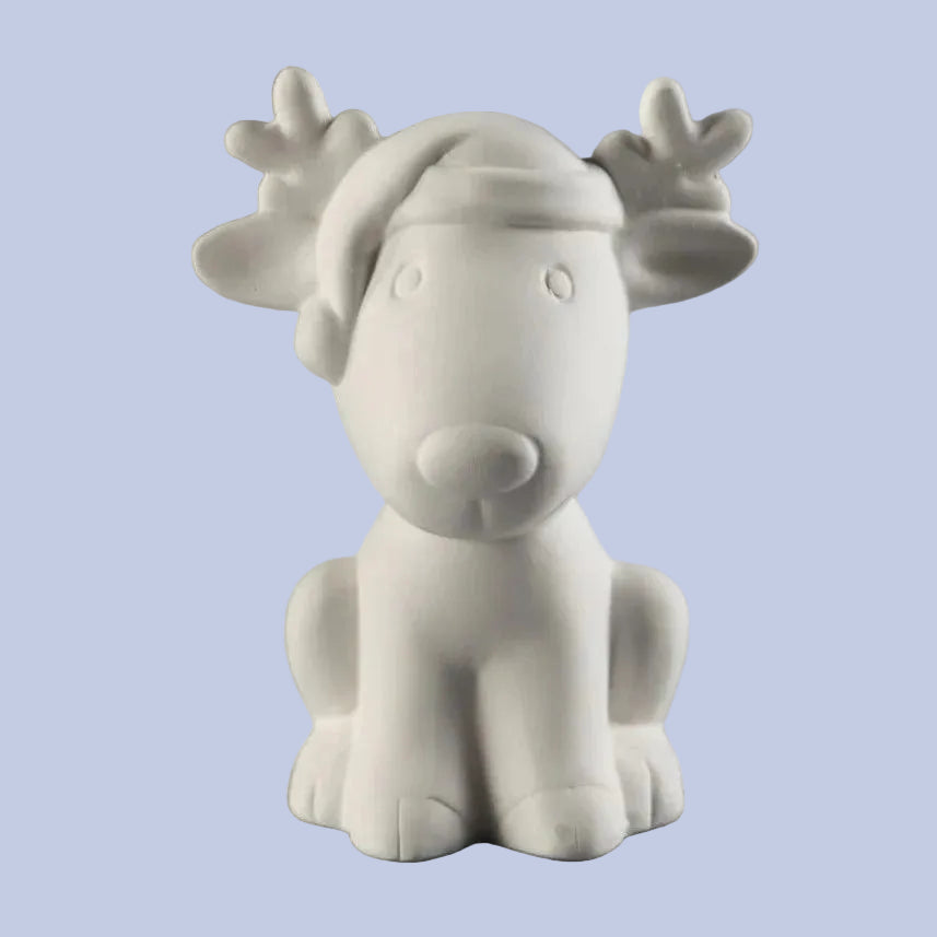 Reindeer with Santa Hat Ceramic Bisque