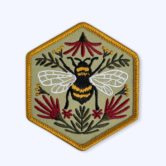 Honey Bee Hexagon Sew On Patch: Woodland Flower Blossoms